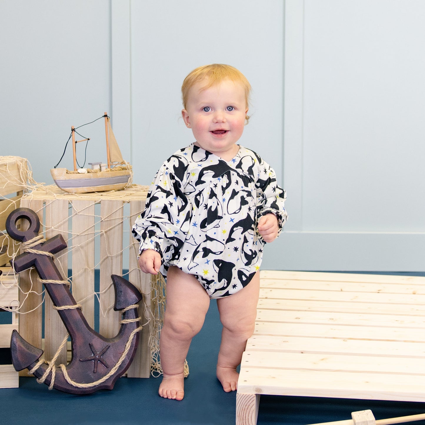 Bubble Romper in Dancing Orcas