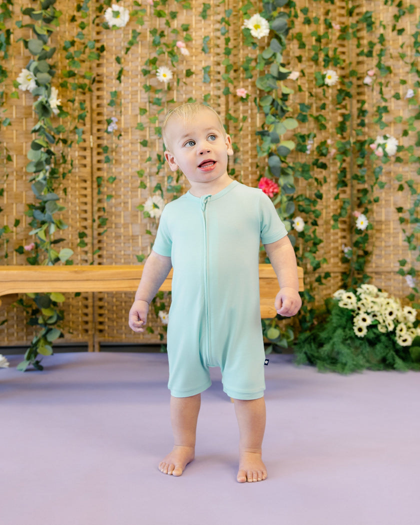 Short Zip Romper in Aqua Sky