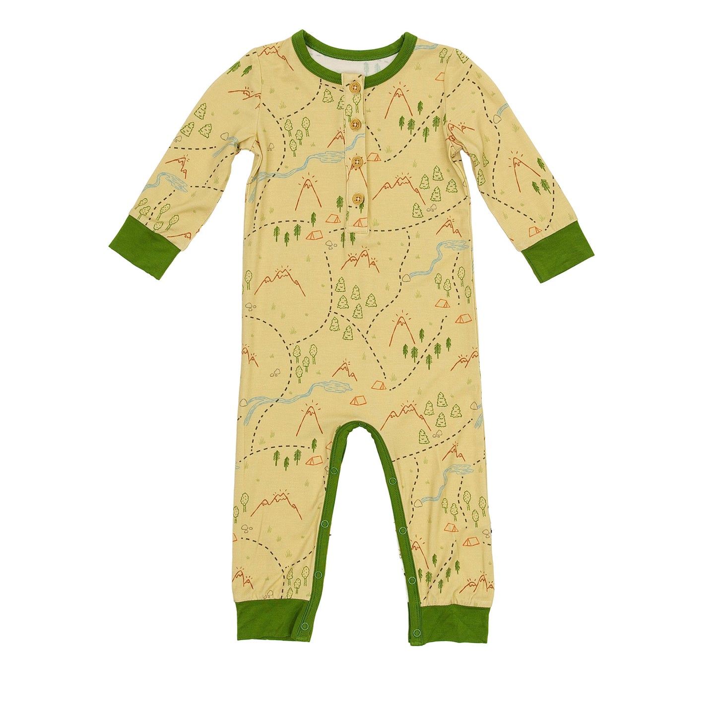 Long Sleeve Henley Romper in Trail Map Doodles