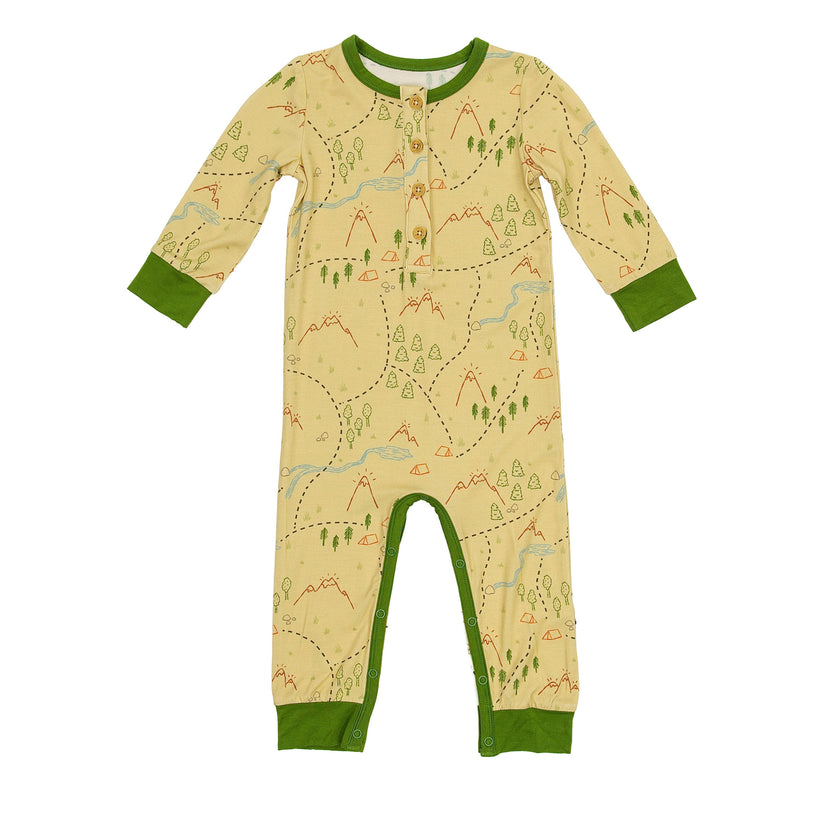 Long Sleeve Henley Romper in Trail Map Doodles
