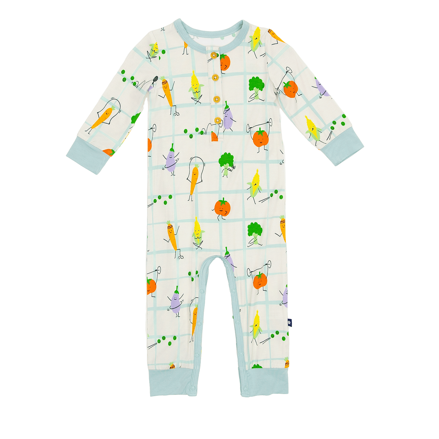 Long Sleeve Henley Romper in Veggie Patch Parade