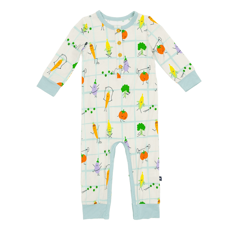 Long Sleeve Henley Romper in Veggie Patch Parade