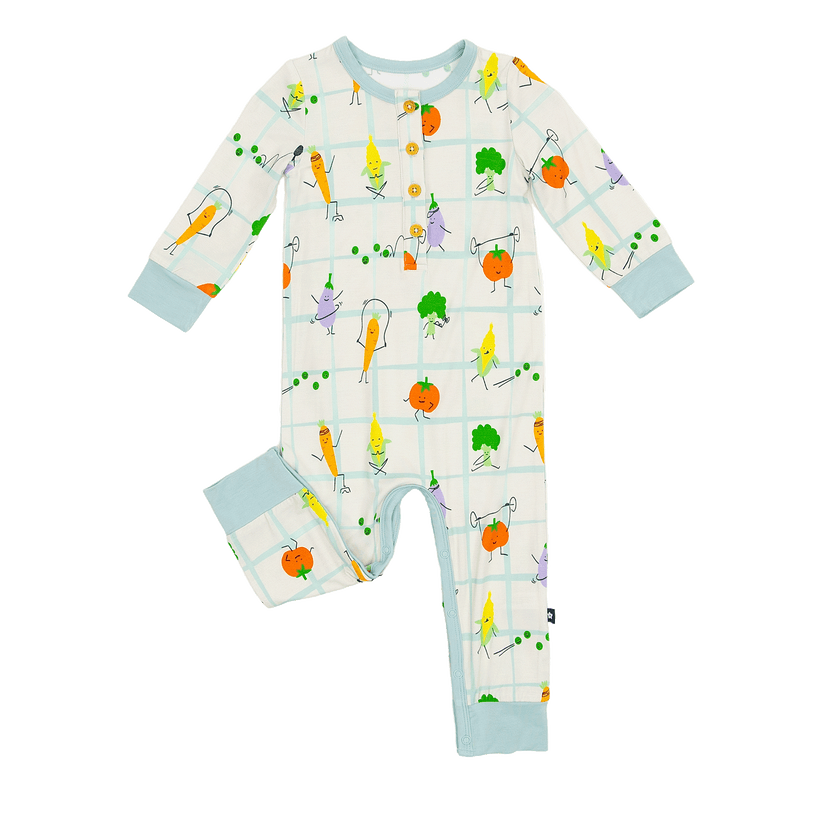 Long Sleeve Henley Romper in Veggie Patch Parade
