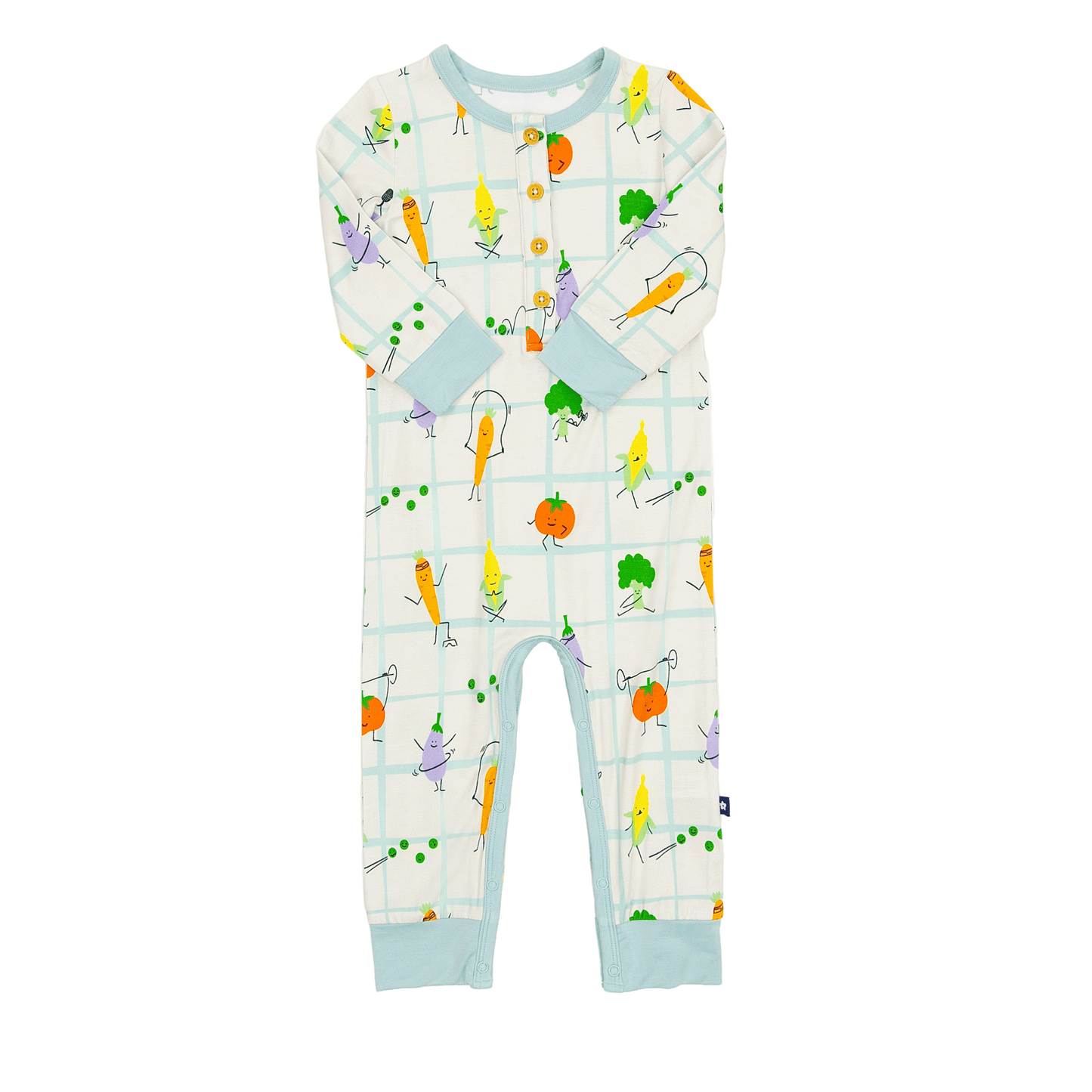 Long Sleeve Henley Romper in Veggie Patch Parade