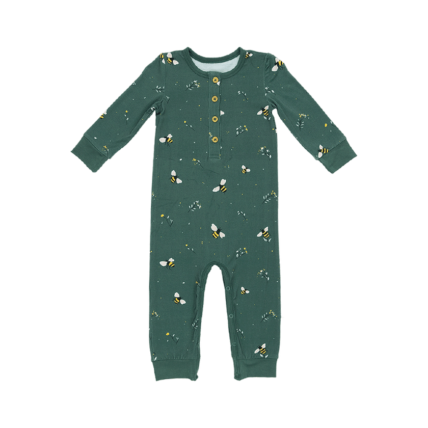 Long Sleeve Henley Romper in Busy Bee