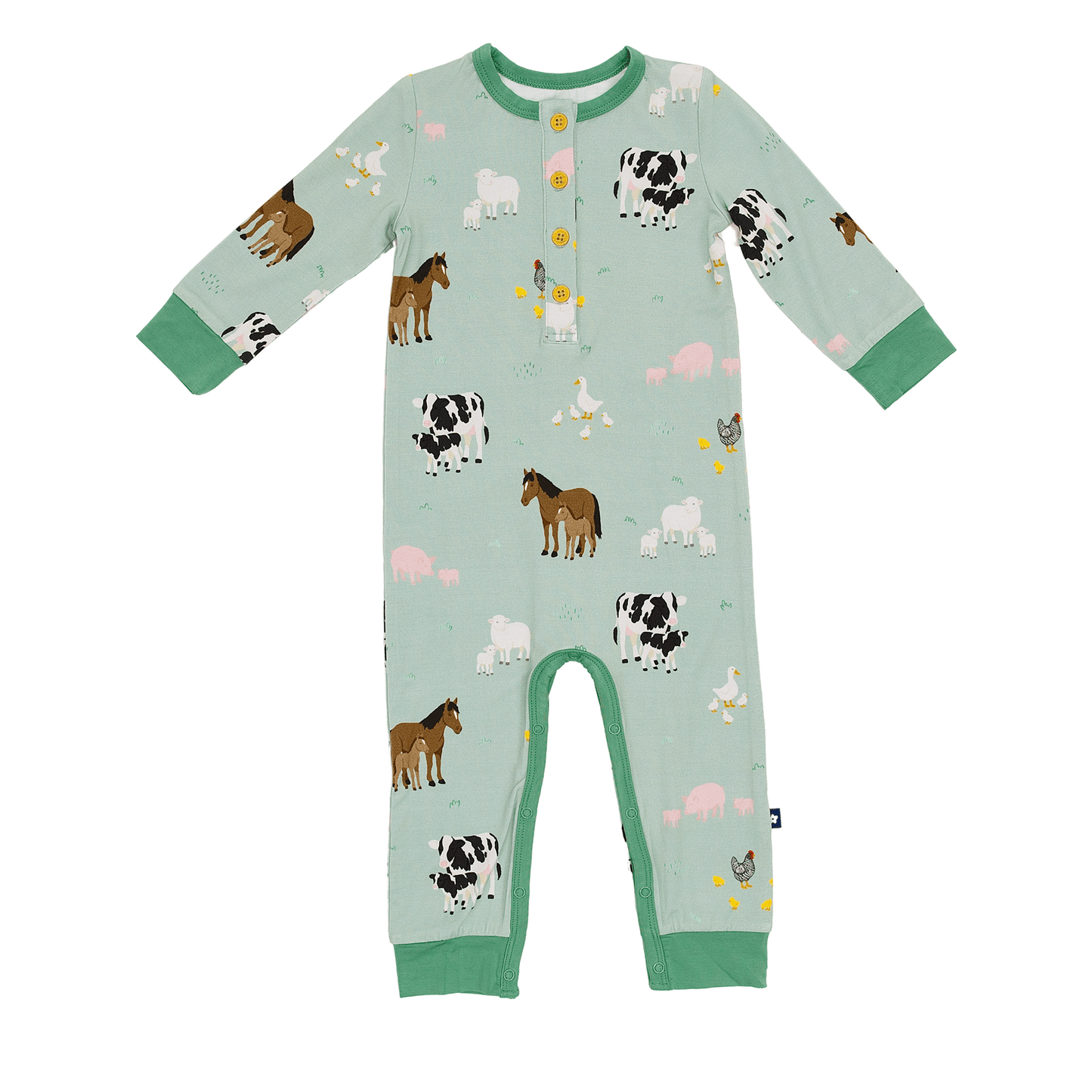 Long Sleeve Henley Romper in Farm Animals