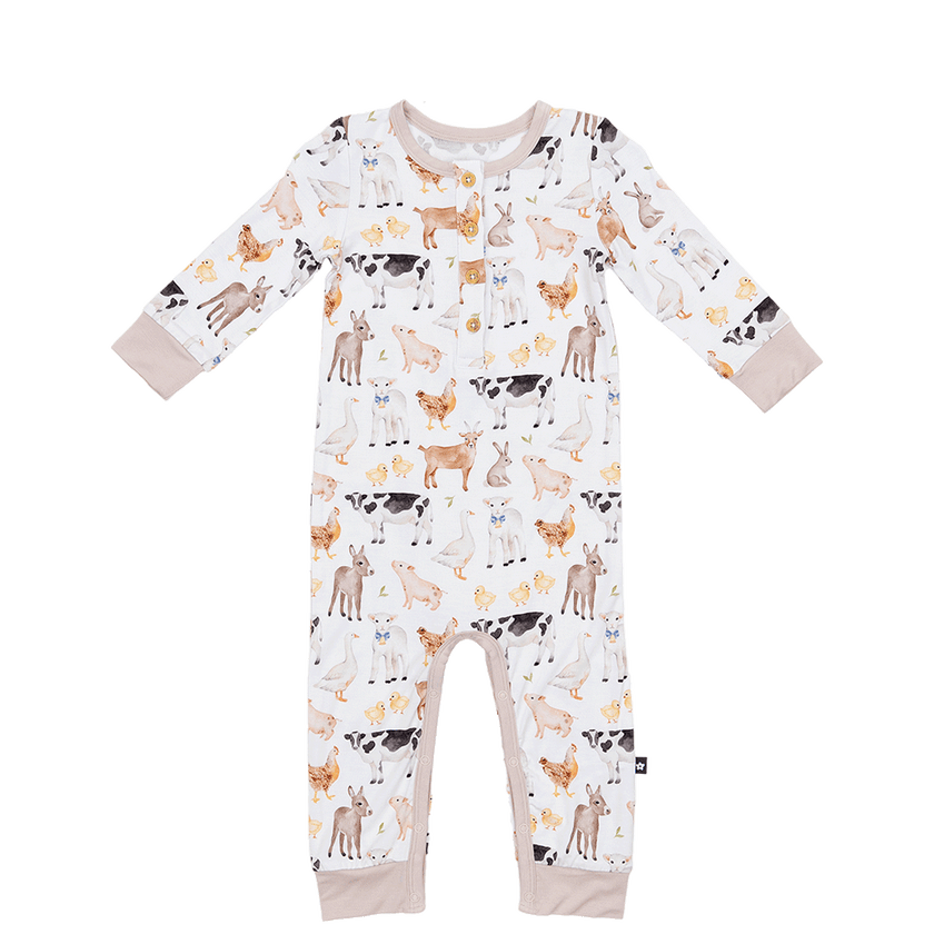 Long Sleeve Henley Romper in Funny Farm