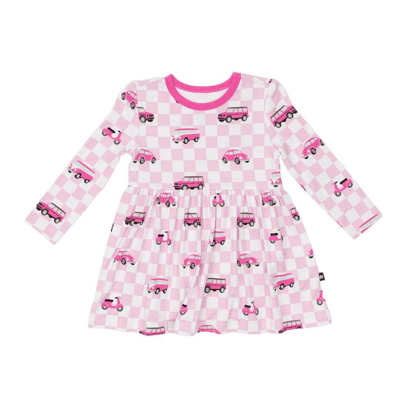 Long Sleeve Twirl Dress in Pink Wheels