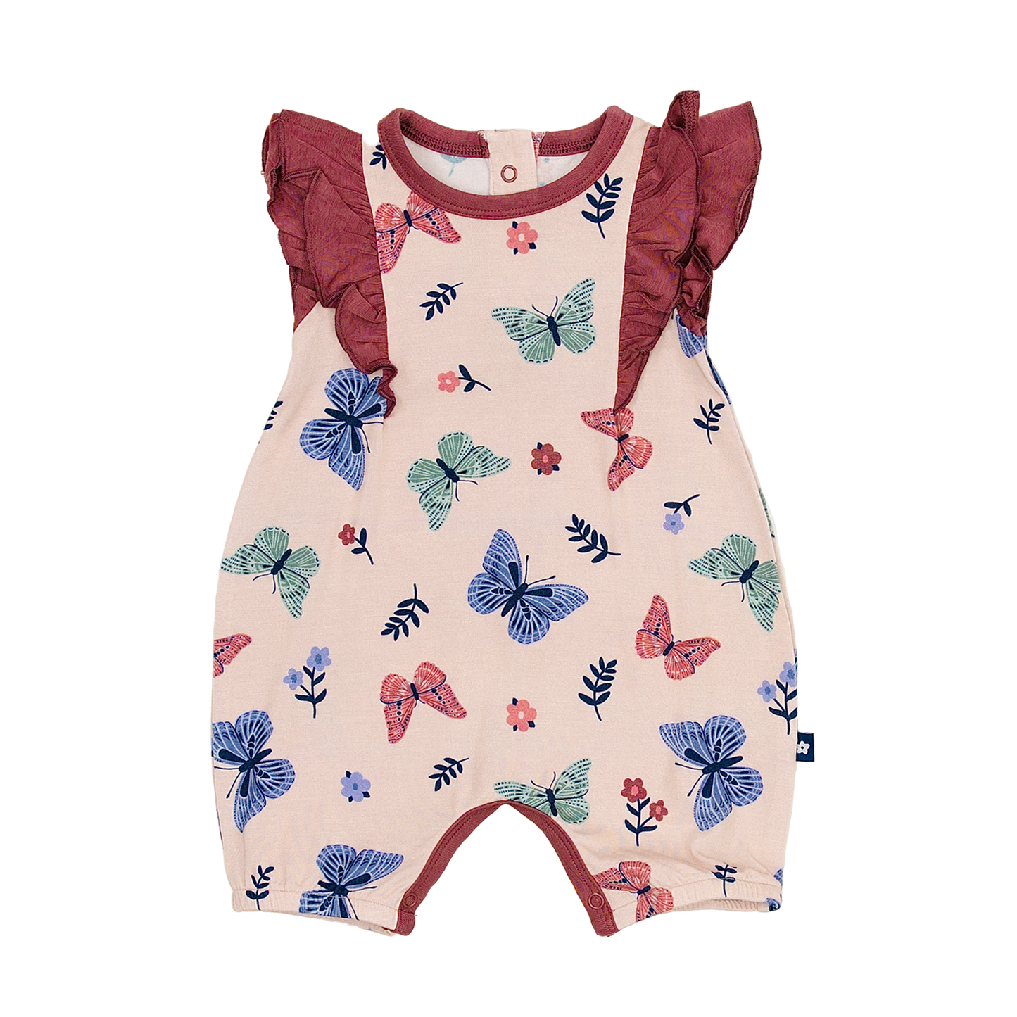 Ruffle Shorty Romper in Butterfly Parade