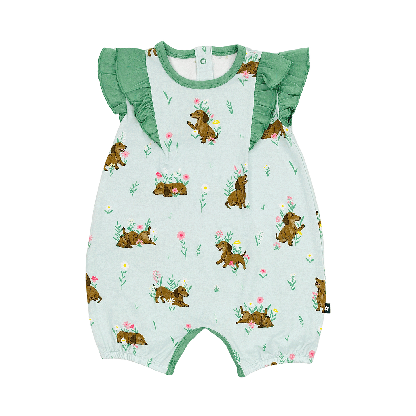 Ruffle Shorty Romper in Dachshund Garden