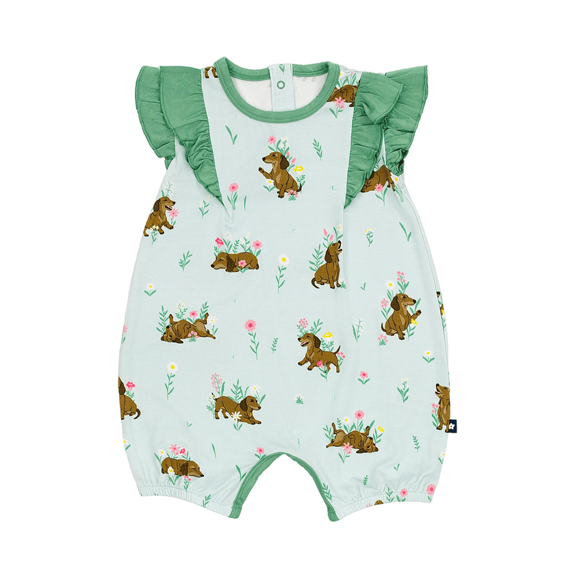 Ruffle Shorty Romper in Dachshund Garden