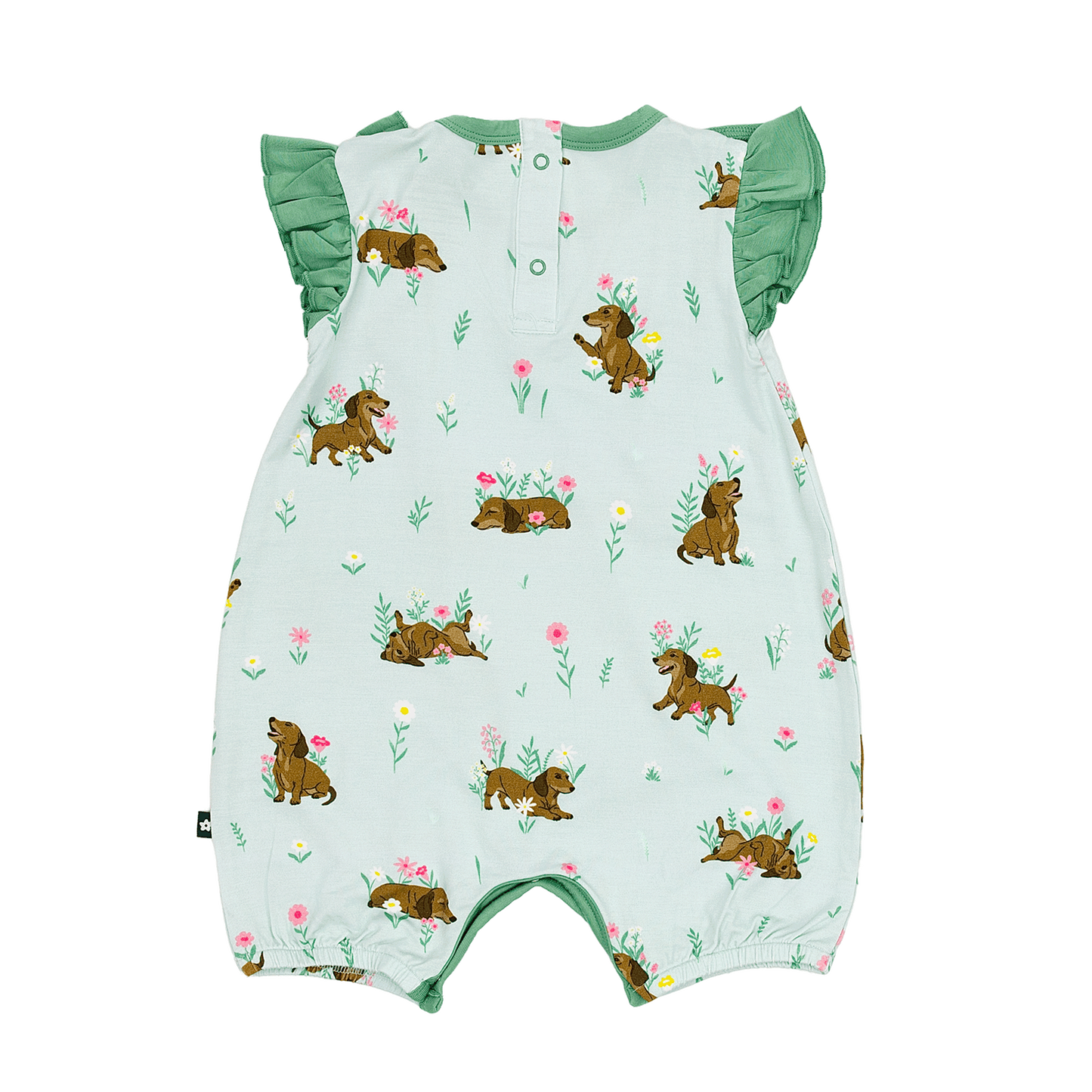 Ruffle Shorty Romper in Dachshund Garden