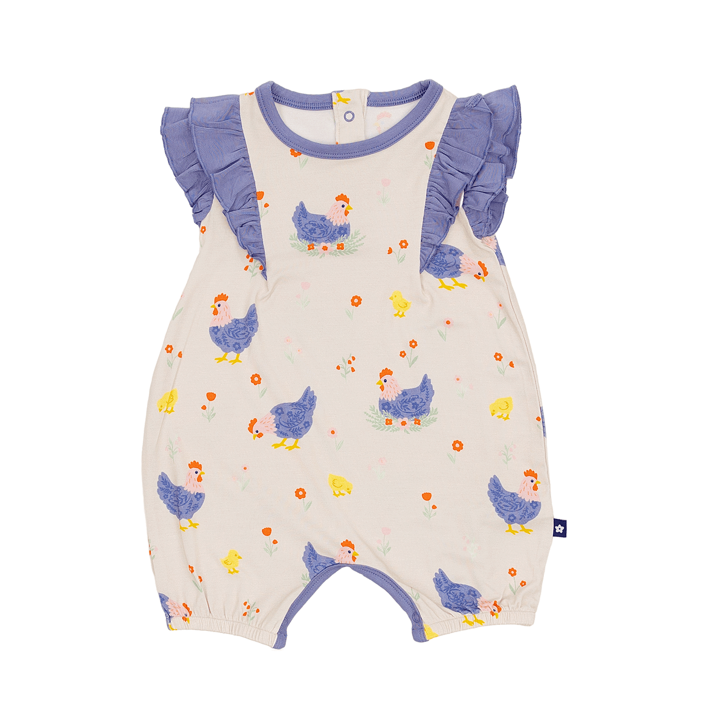 Ruffle Shorty Romper in Chick and Cluck
