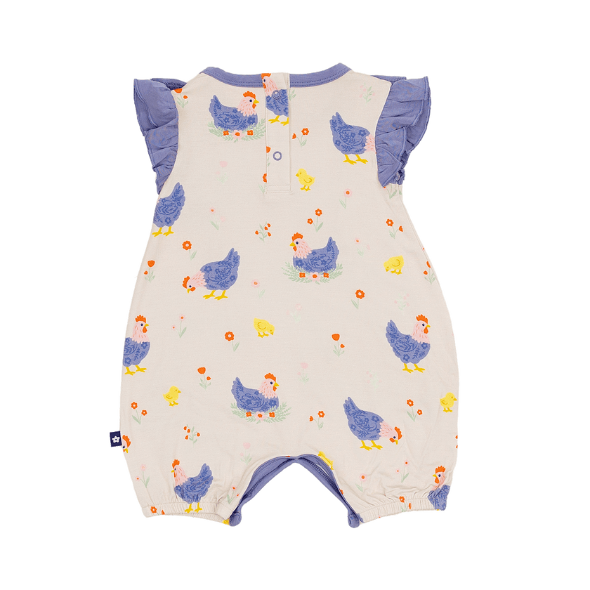 Ruffle Shorty Romper in Chick and Cluck