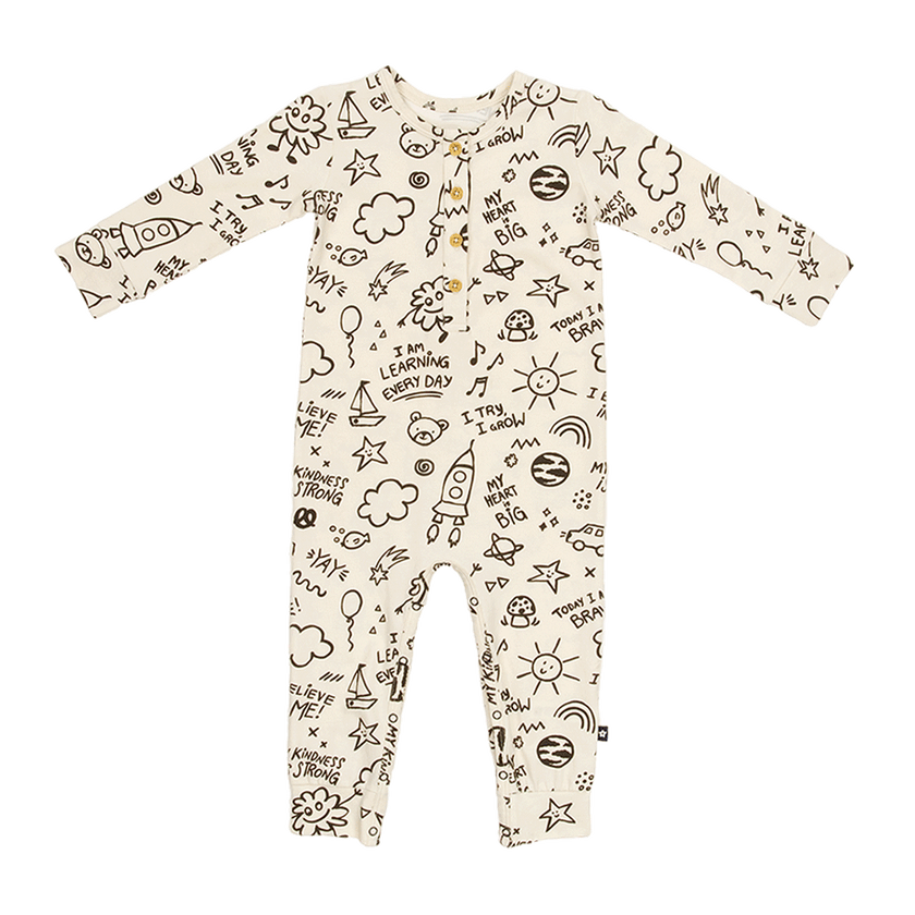 Long Sleeve Henley Romper in Cool Doodles