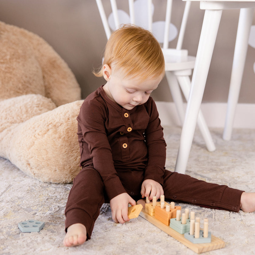Long Sleeve Henley Romper in Truffle