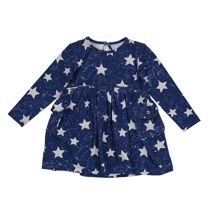 Long sleeve Skater Dress with Pockets in Sky Sparks